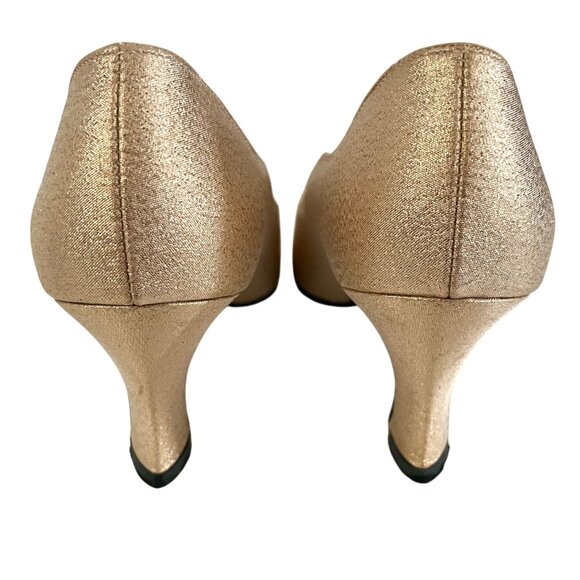 Elegant Gold Vintage Low Heel Pumps 8 Metallic Classic Pointed Toe Party Shoes - Picture 6 of 9